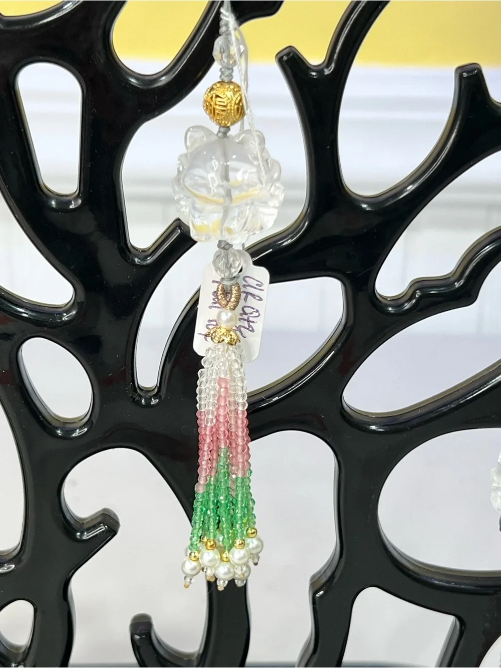 Clear Quartz Crystal 9 tail Fox Tassel Pendant Necklace - Pink, Green & Gold